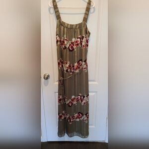 Banana Republic Olive Green Floral Maxi Dress with Burgundy Accents Size 8